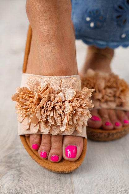 Corky's "Wild Child" Cork Slide Sandals with Floral Accents