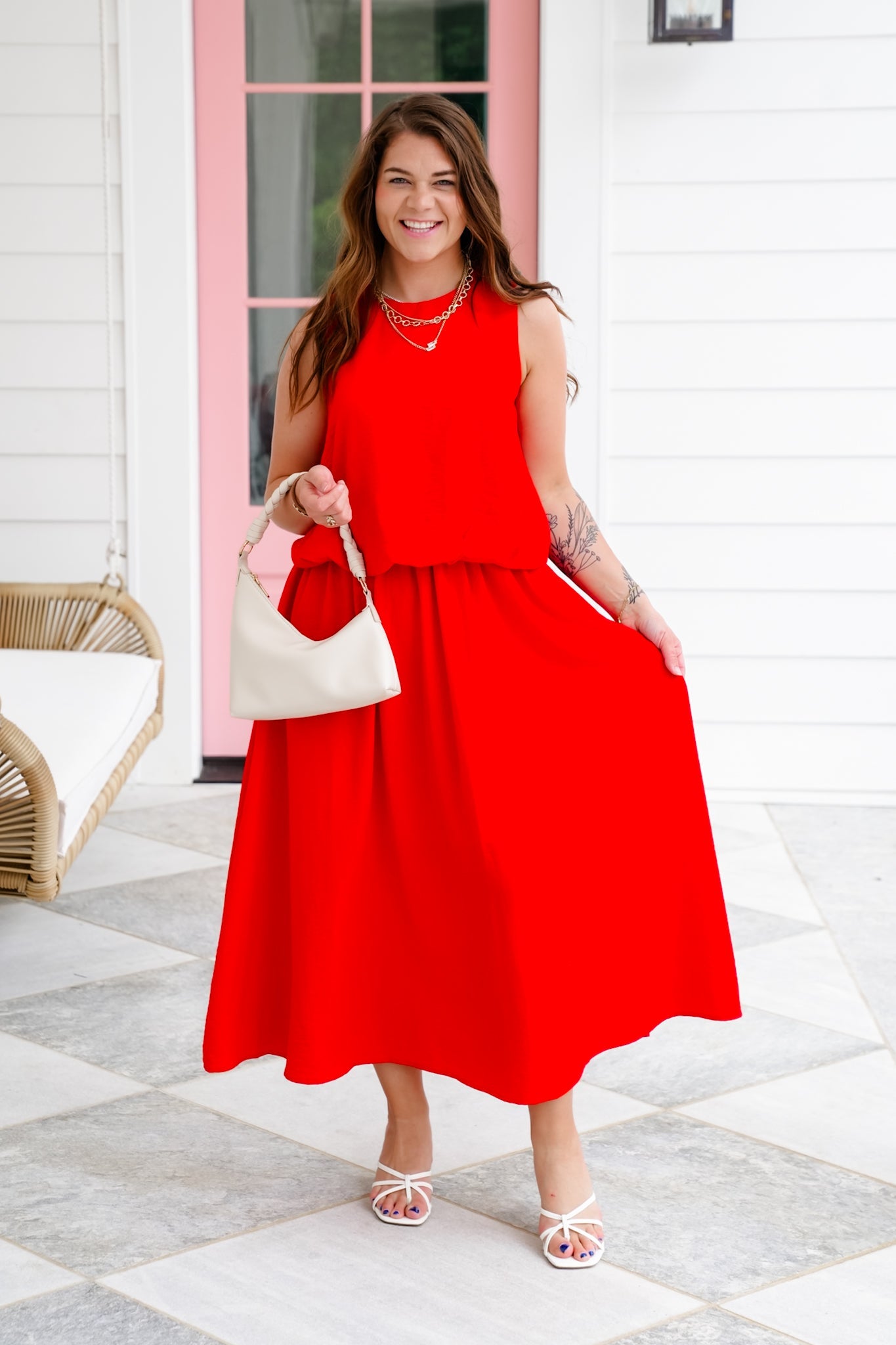 Red Woven Elastic Waist Midi Skirt with Side Pockets