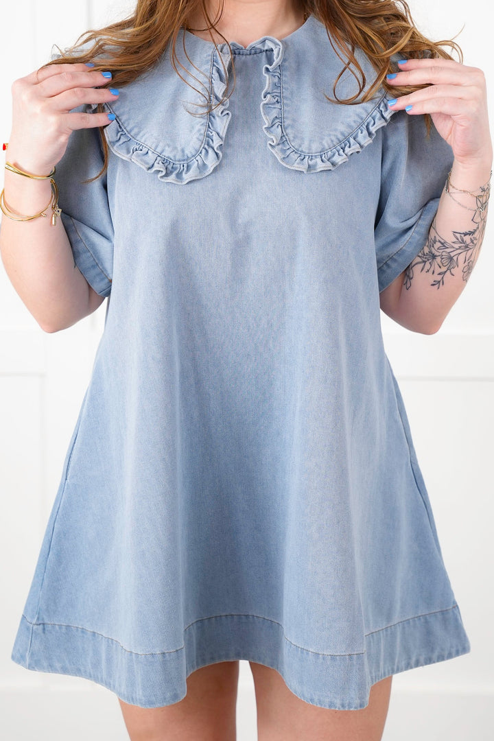 Short Sleeve Peter Pan Ruffled Collar Mini Dress