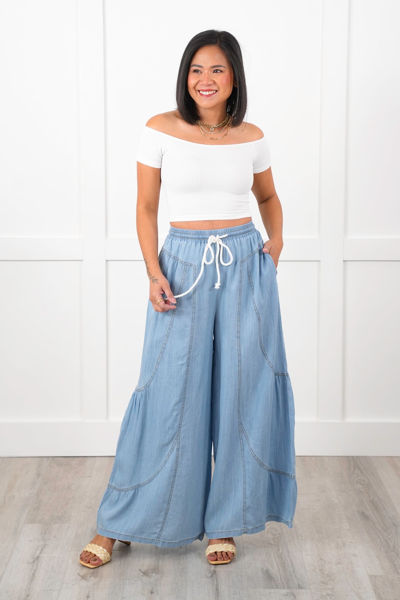 Plus/Reg Chambray Elastic Waist Wide Leg Palazzo Pants