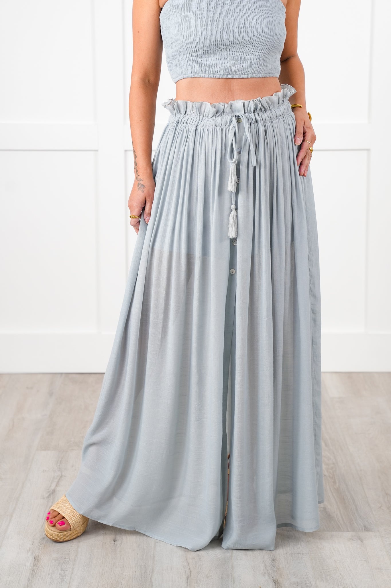 Sleeveless Smocked Crop Top with Flowy Elastic Waistband Maxi Skirt Set