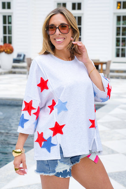 Restock! Plus/Reg Knit 3/4 Sleeve Pullover Top with Star Patch Detail