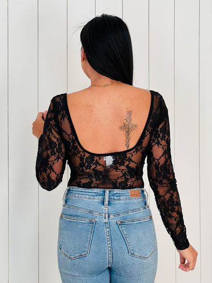 Black Floral Lace Long Sleeve Bodysuit