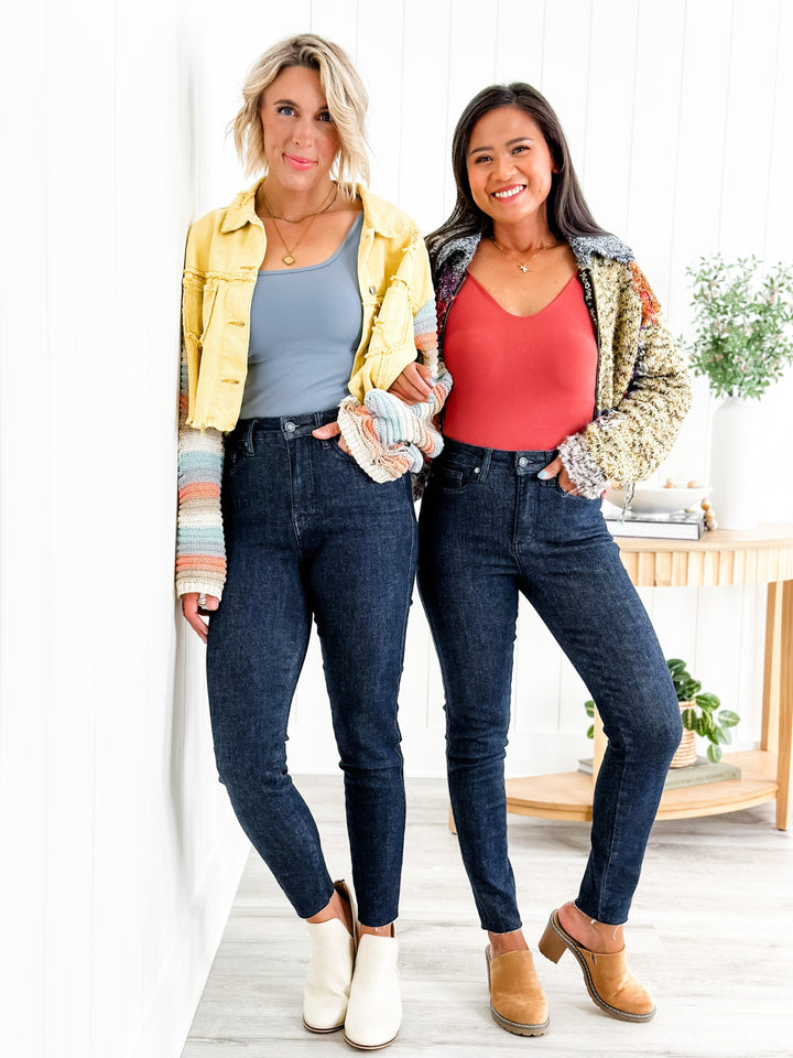 Judy Blue  Starry Night High Rise Dark Wash Tummy Control Top Raw Hem Jeans