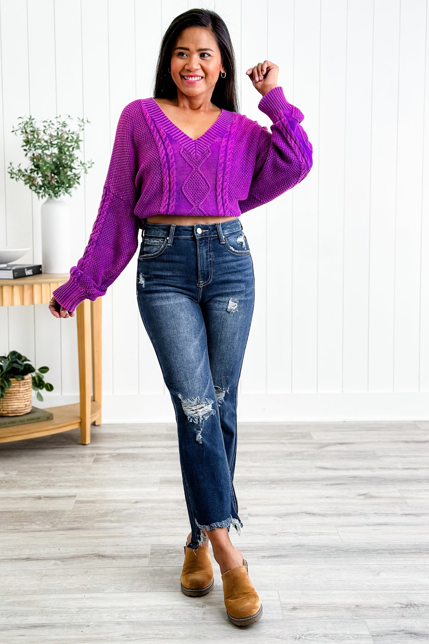 Risen High Rise Dark Wash Crop Step Chew Jeans