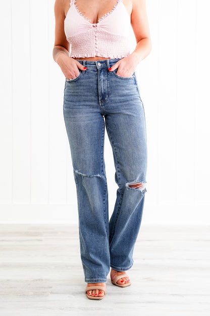 Judy Blue  Teen Spirit High Rise Medium Wash Tummy Control Destroyed Knee Straight Leg Jeans