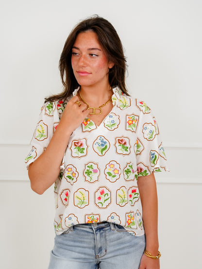 Embroidered Floral Short Sleeve V Neck Top
