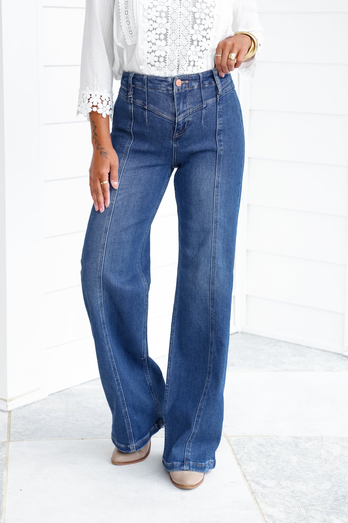 Risen High Rise Dark Wash Wide Leg Jeans with Front Yoke Detail