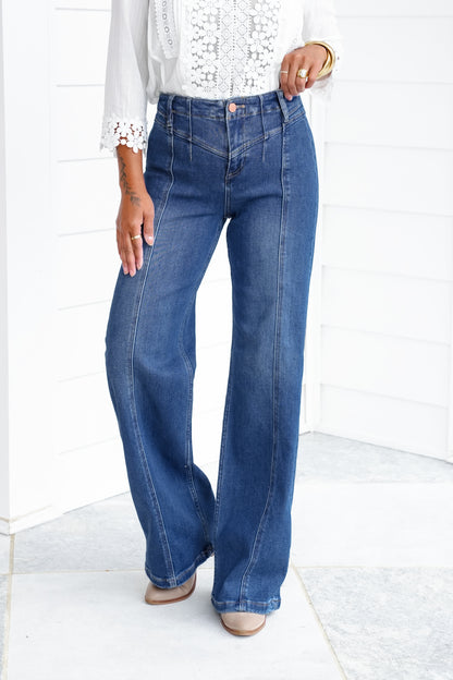 Risen High Rise Dark Wash Wide Leg Jeans with Front Yoke Detail