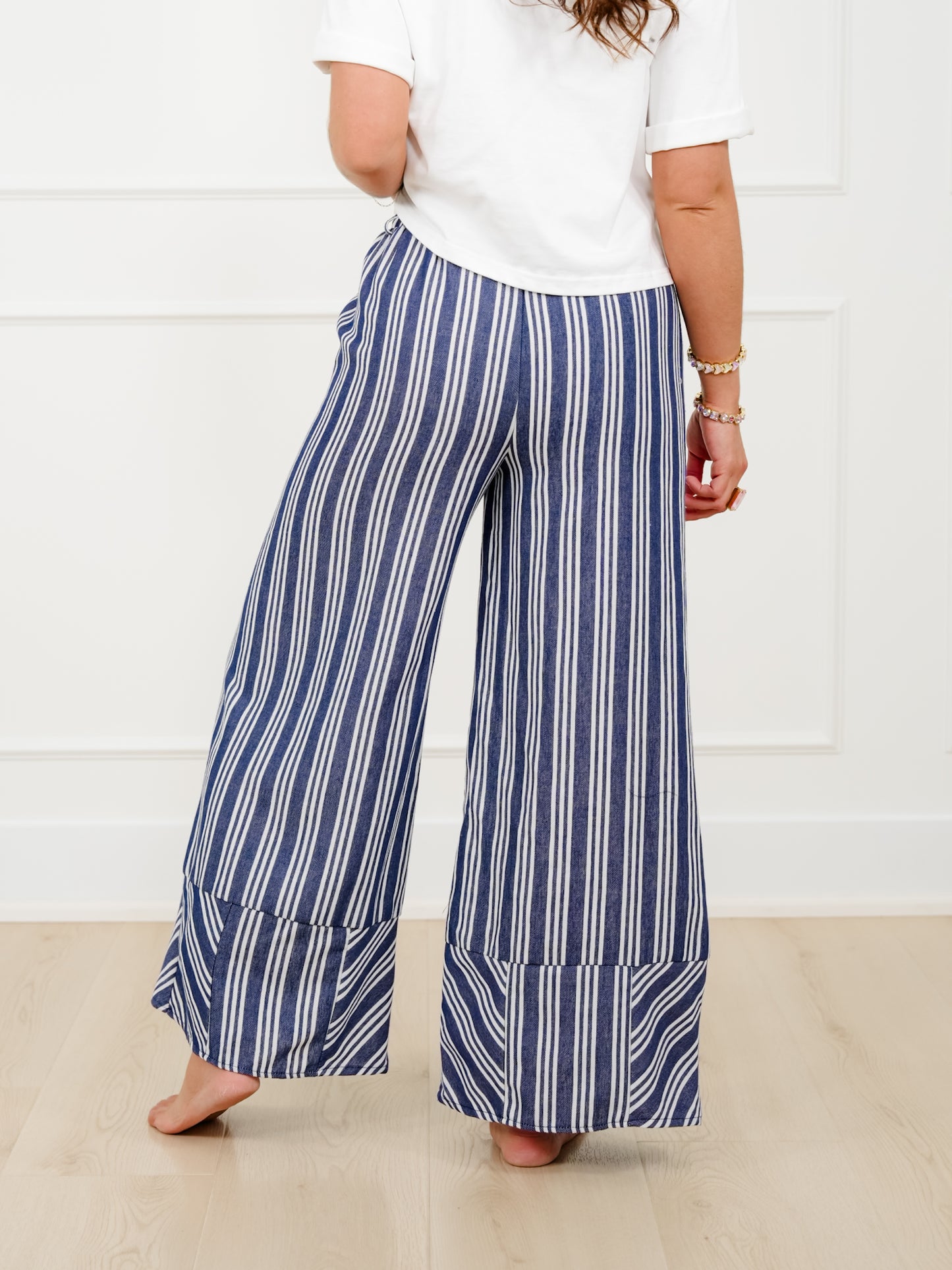 Stripe Linen Elastic Waist Wide Leg Pants