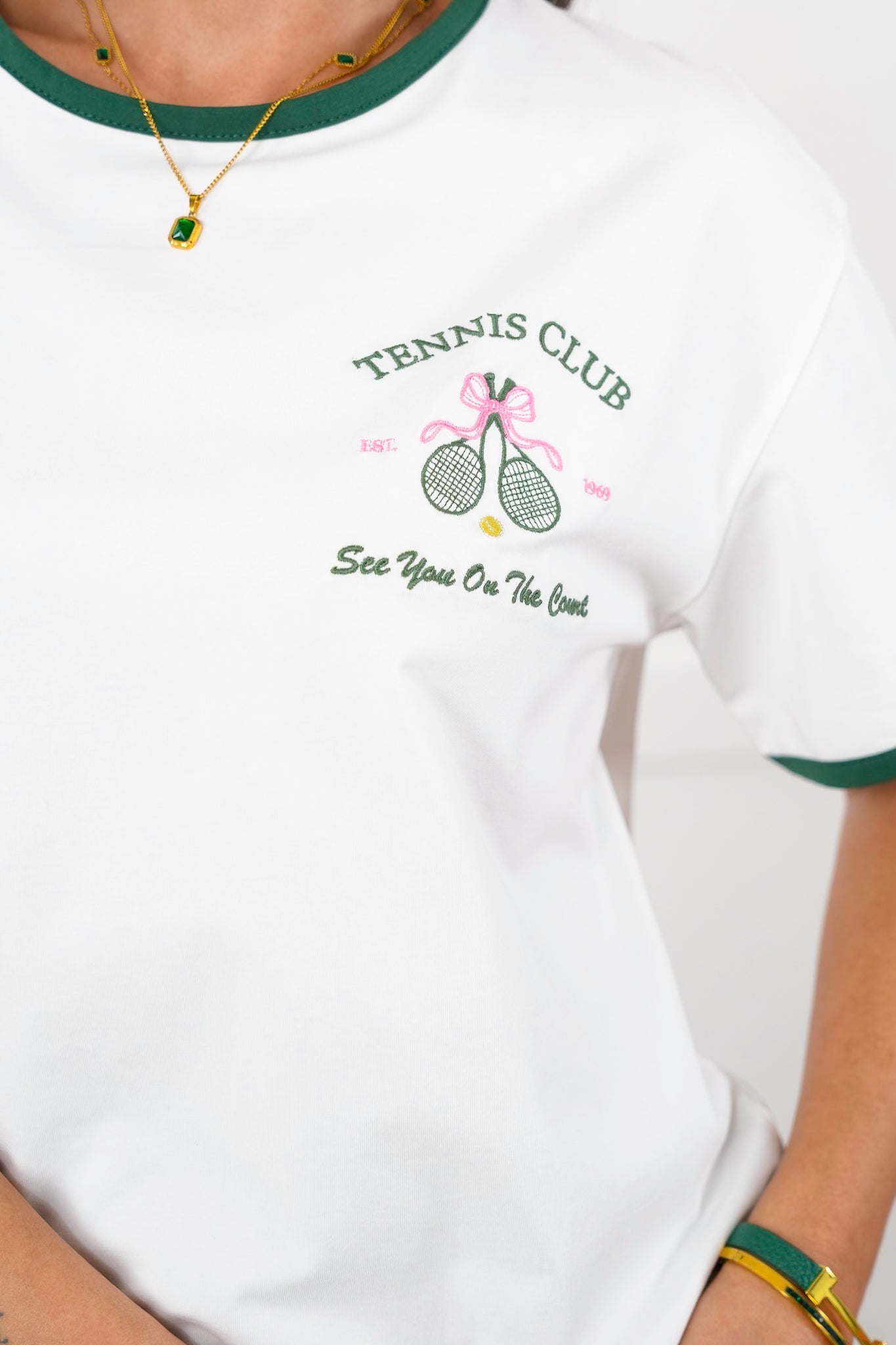 Embroidered "Tennis Club" Short Sleeve Round Neck Top
