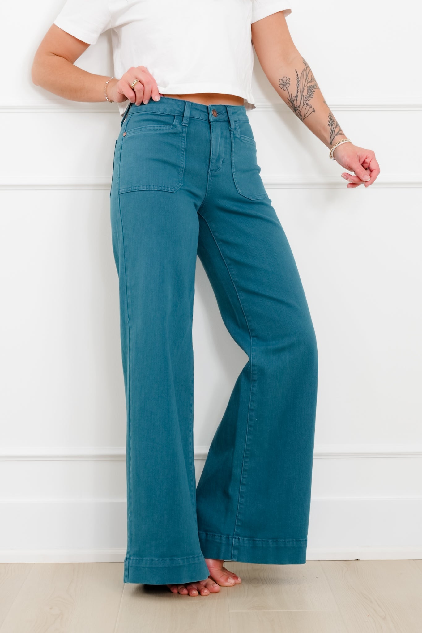 Judy Blue Mid Rise Teal Utility Pocket Wide Leg Jeans