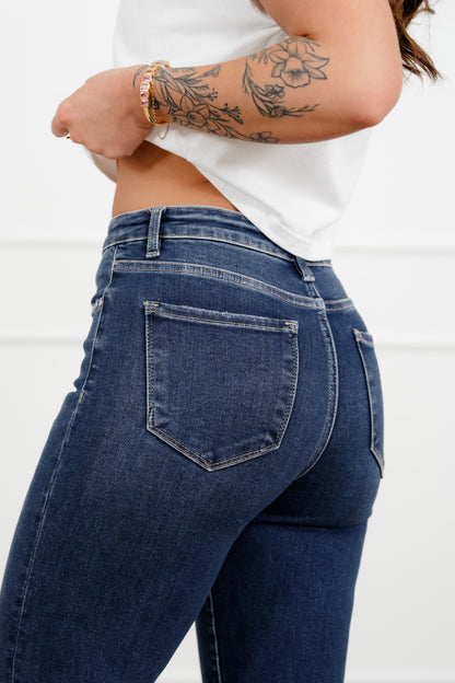 Risen High Rise Dark Wash Tummy Control Distressed Girlfriend Jeans