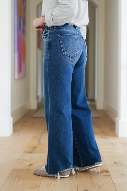 Risen High Rise Dark Wash Wide Leg Jeans