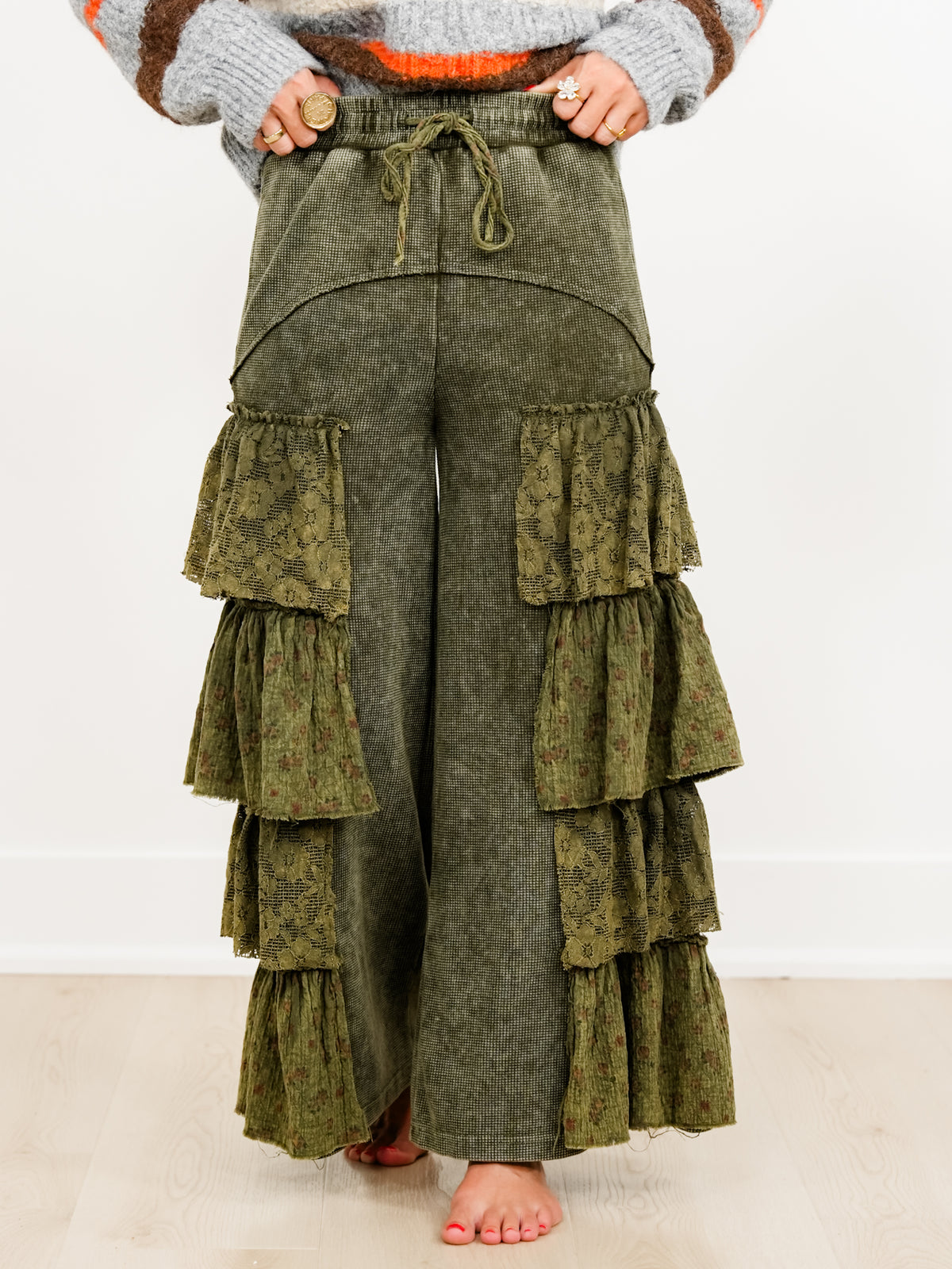 POL Thermal Elastic Waist Tiered Ruffle Wide Leg Pants