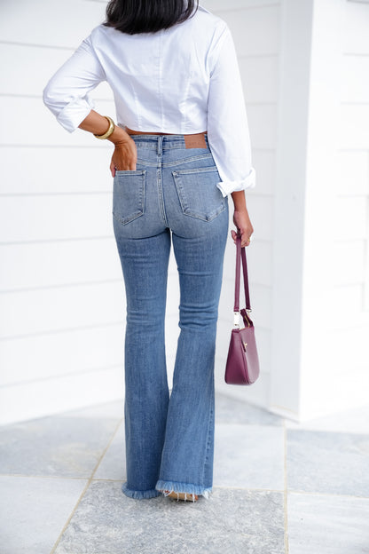 Judy Blue High Rise Medium Wash Flare Jeans with Frayed Hem and Pintuck Front Seam