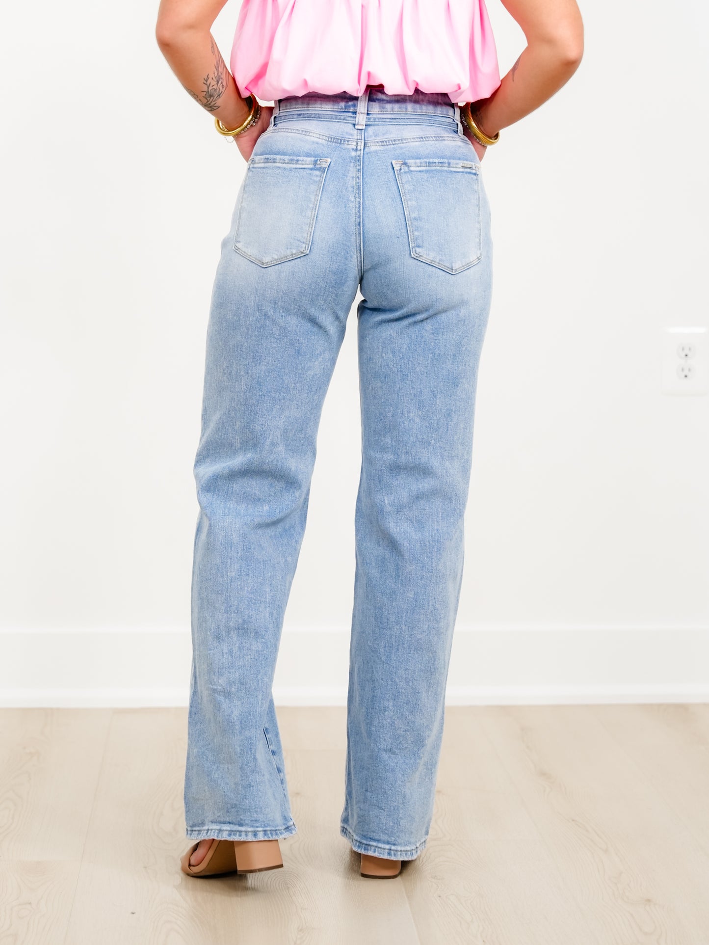 Risen High Rise Light Wash Wide Leg Jeans with Denim Tie Belt