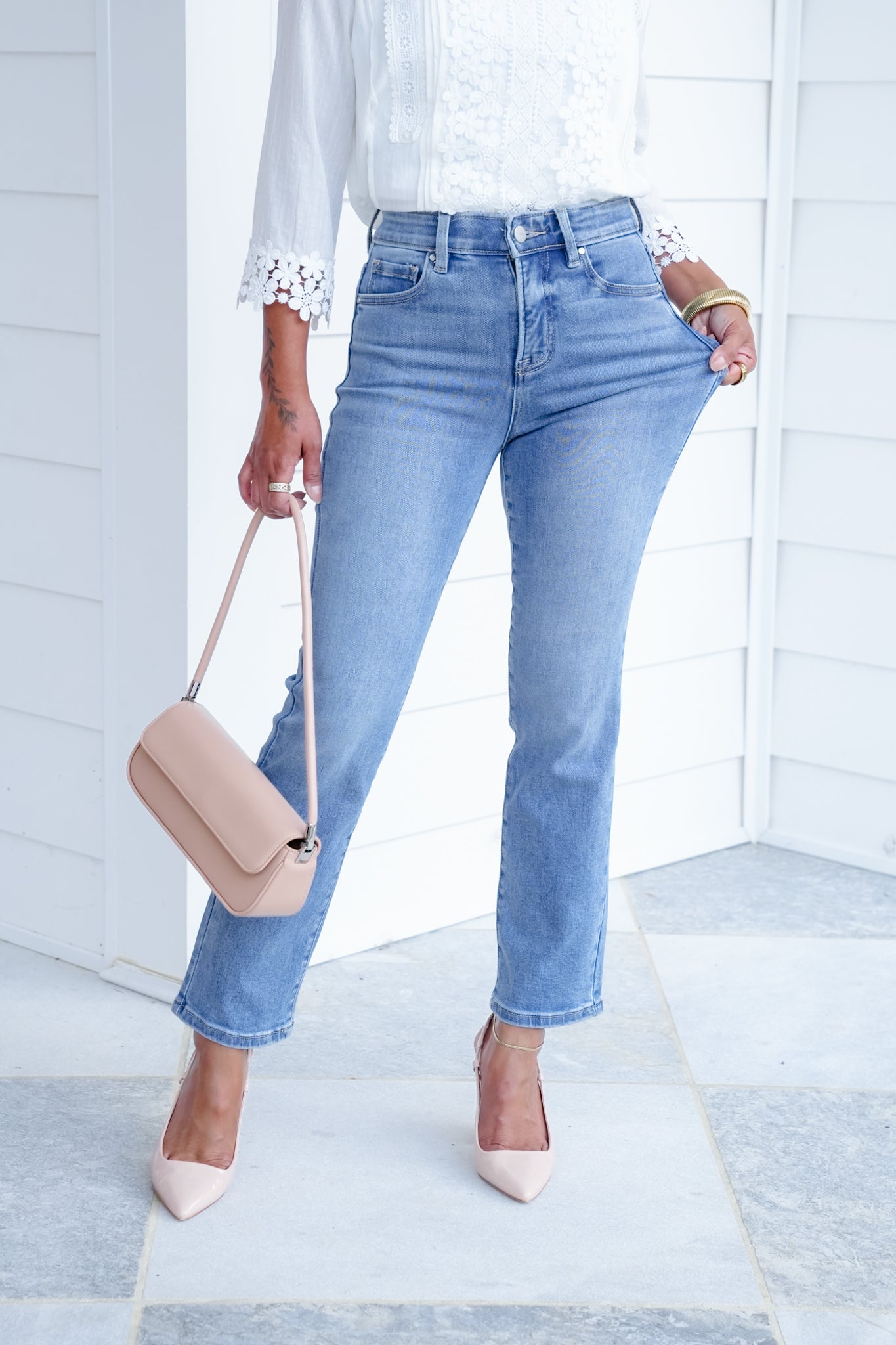 Risen High Rise Medium Wash Tummy Control Elastic Waistband Cropped Straight Leg Jeans