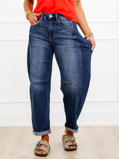 Restock! Risen High Rise Dark Wash Boyfriend Cuffed Barrel Jeans