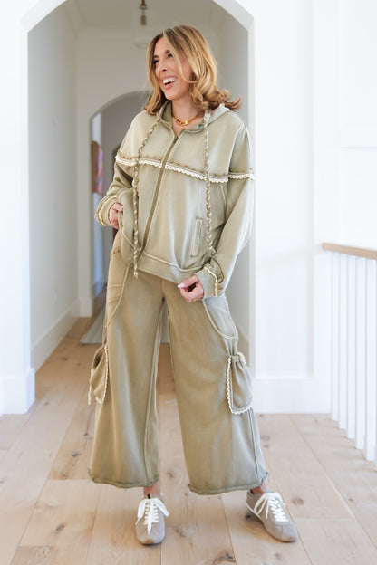 POL Washed Elastic Waist Pants with Stud Trim