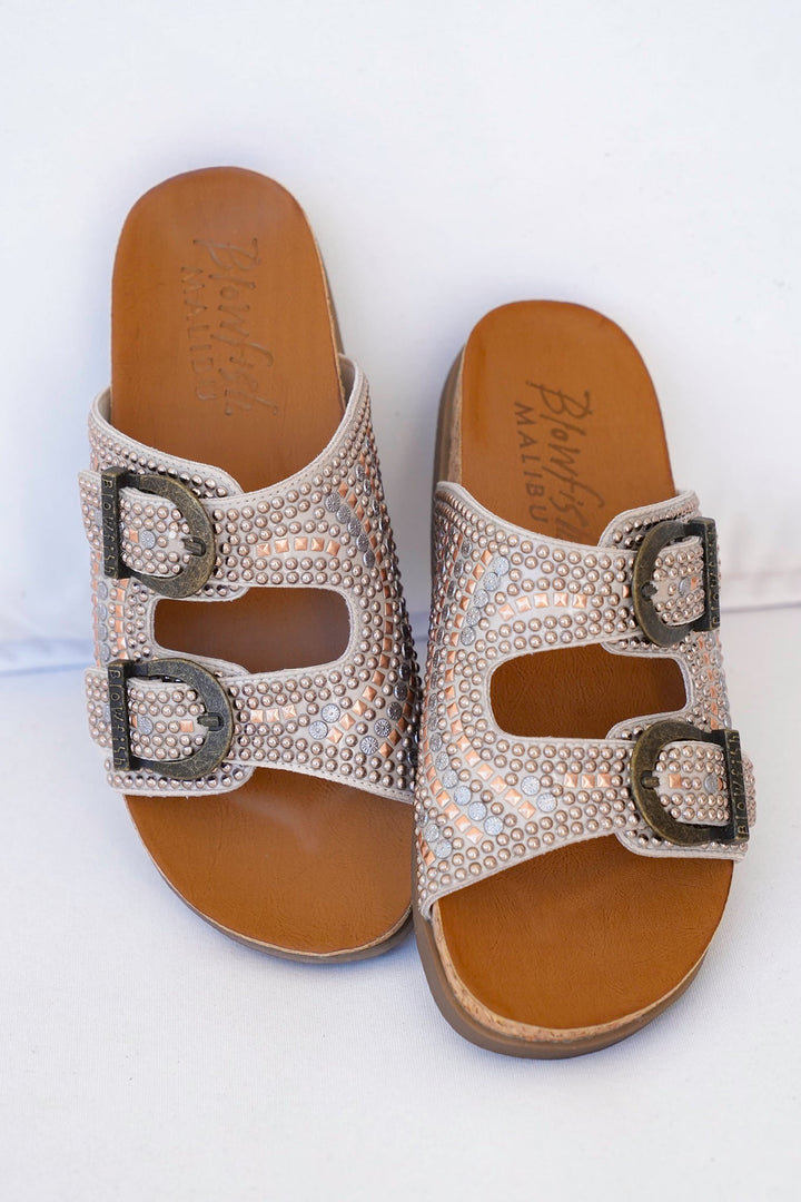 Blowfish Studded Cork Slide Sandals with Adjustable Buckle Detail