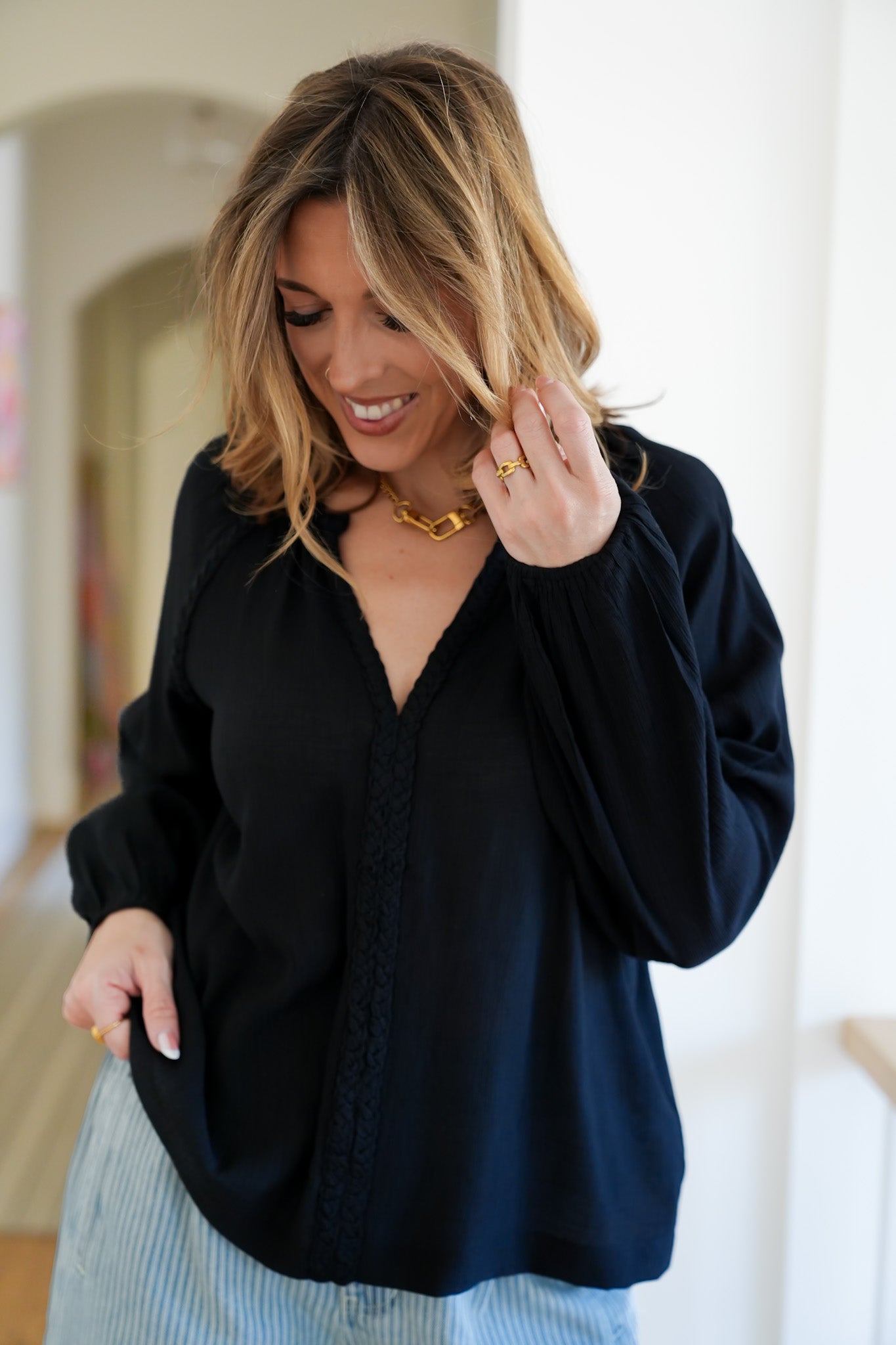 Long Sleeve V Neck Top with Braided Trim