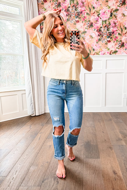 YMI Cotton Dream High-Rise Mom Fit Distressed Ankle Jeans