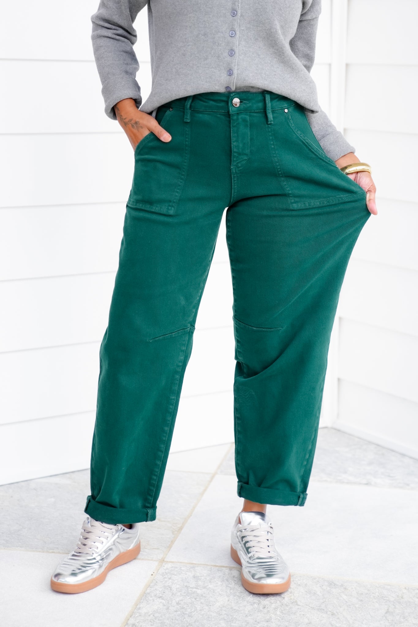 Risen Look at Me High Rise Green Ankle Cuffed Barrel Jeans