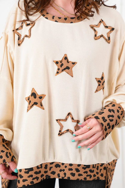 Thermal Long Sleeve Round Neck Top with Leopard Detail