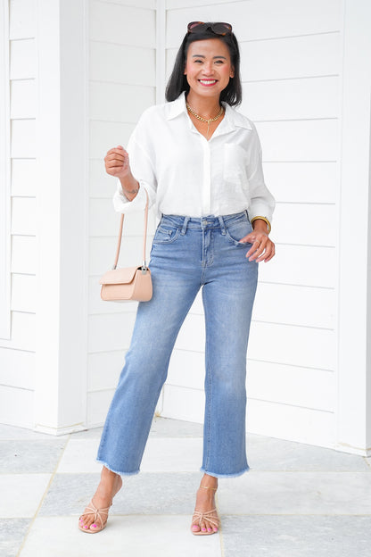 Lovervet High Rise Medium Wash Cropped Slim Wide Leg Jeans