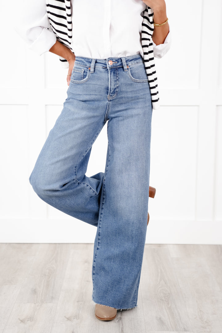 Risen High Rise Medium Wash Tummy Control Cuffed Wide Leg Jeans