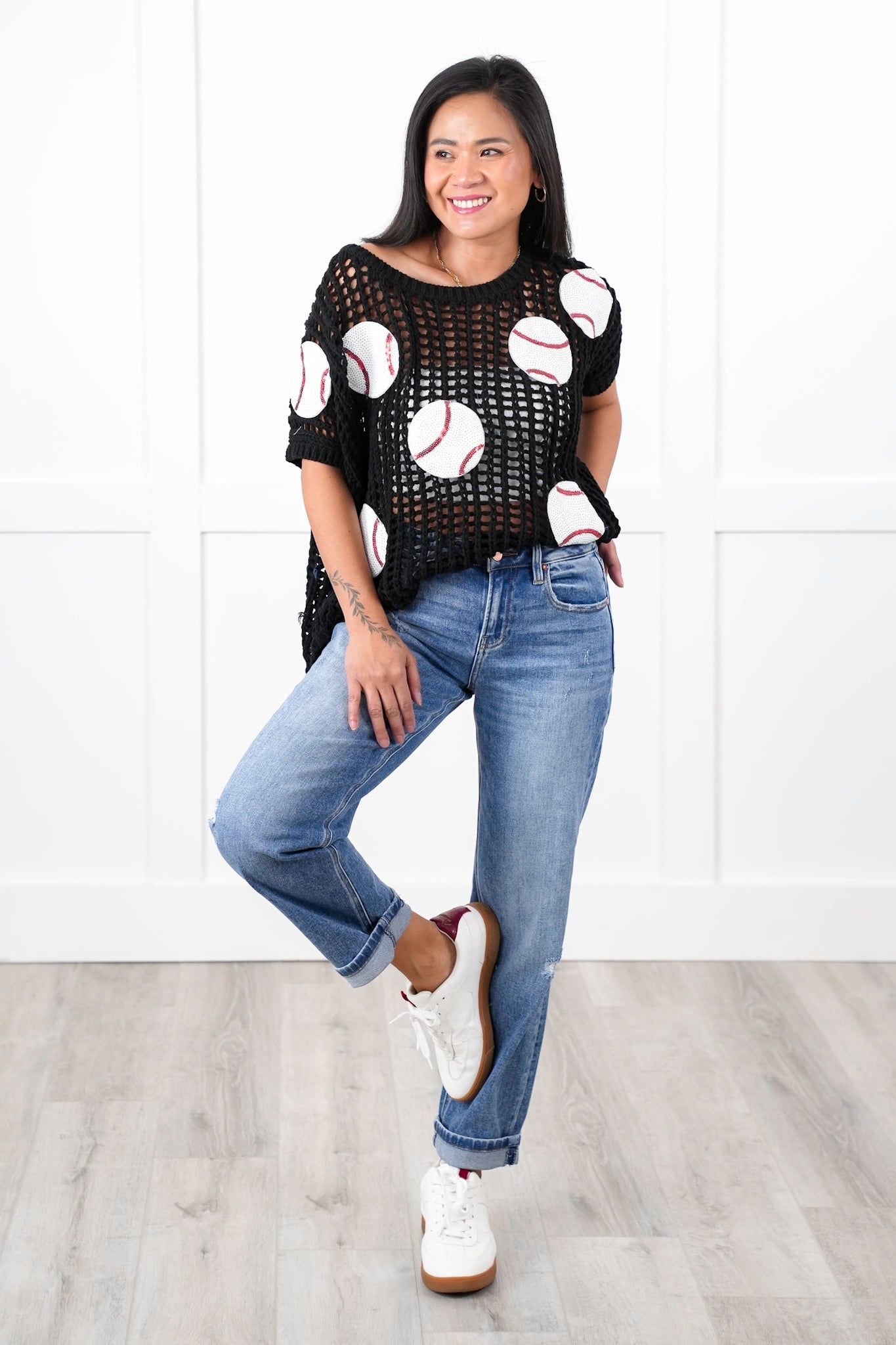 Loose Knit Short Sleeve Sweater with Sequin Baseball Patch Detail