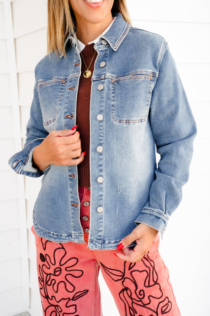 Plus/Reg Judy Blue Medium Wash Button Down Shacket