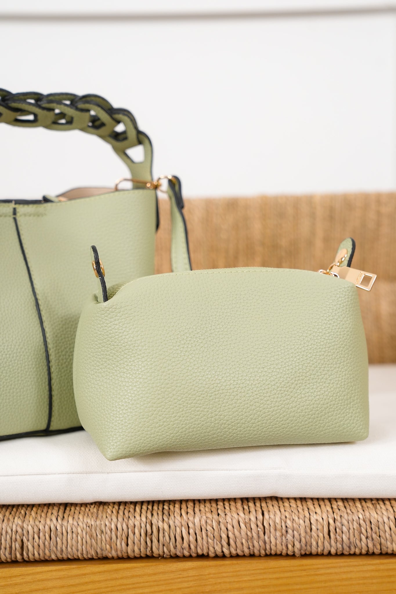 Light Sage Vegan Leather Bucket Bag with Chain Link Handle