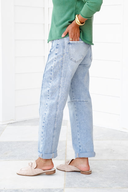 Risen High Rise Light Wash Boyfriend Cuffed Barrel Jeans