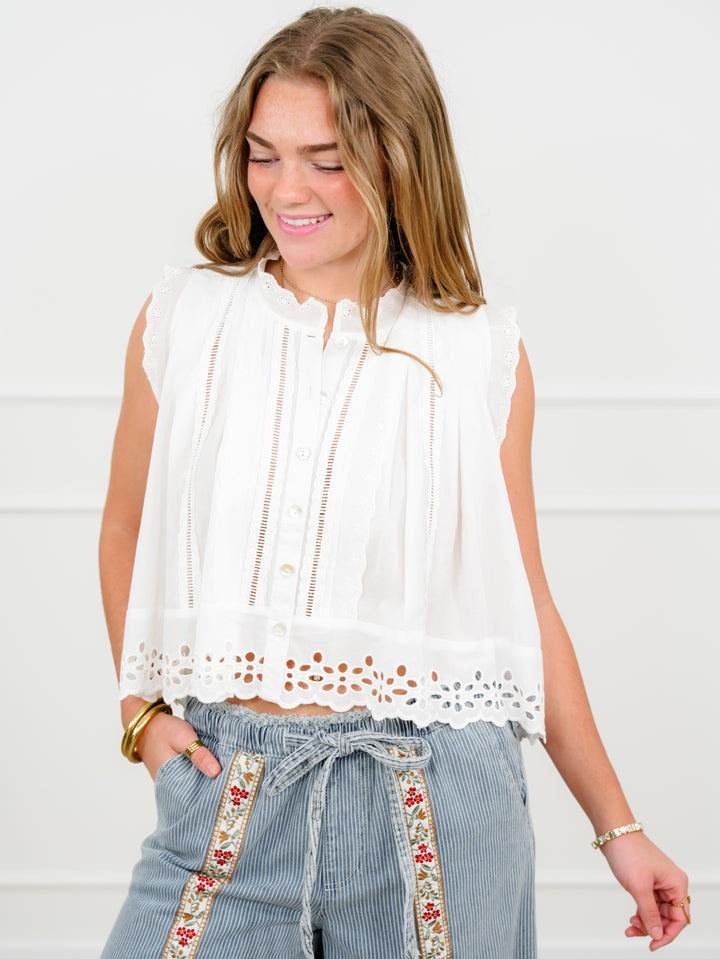 Floral Eyelet Sleeveless Button Up Blouse