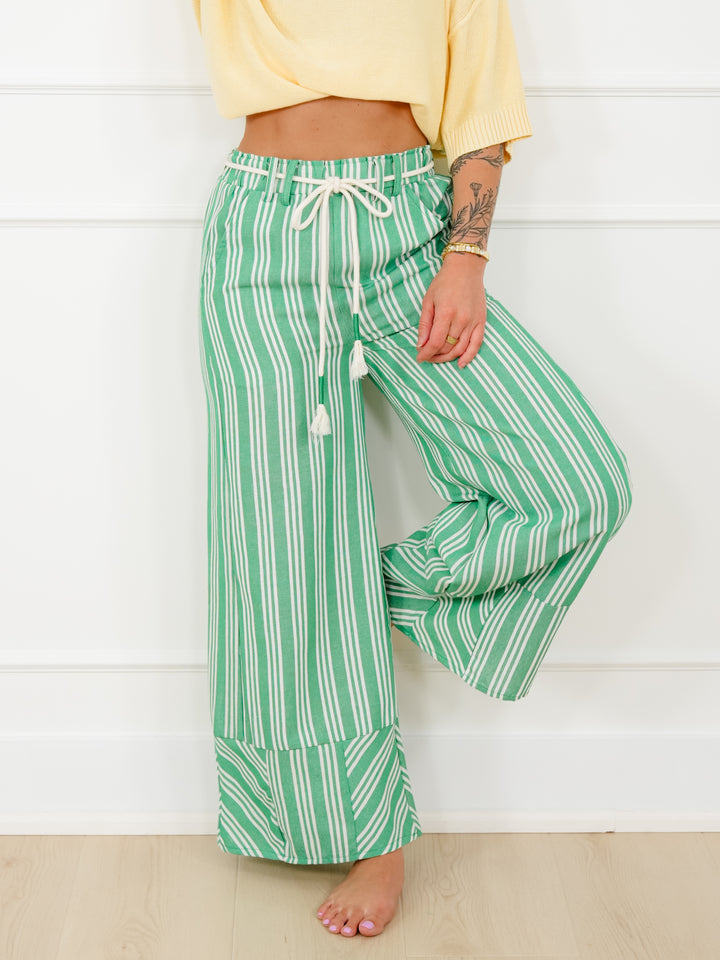 Stripe Linen Elastic Waist Wide Leg Pants