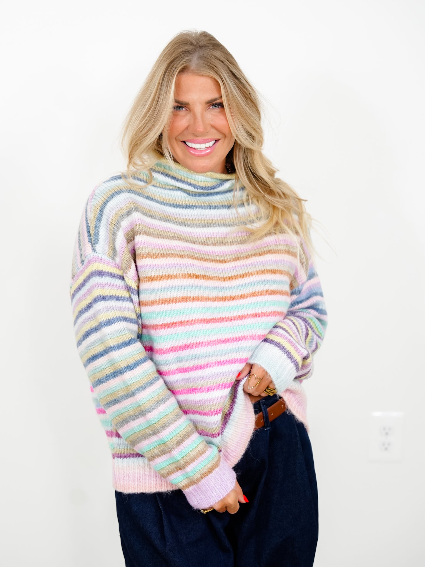 Multi Color Stripe Long Sleeve Mock Neck Sweater - Freckled Poppy