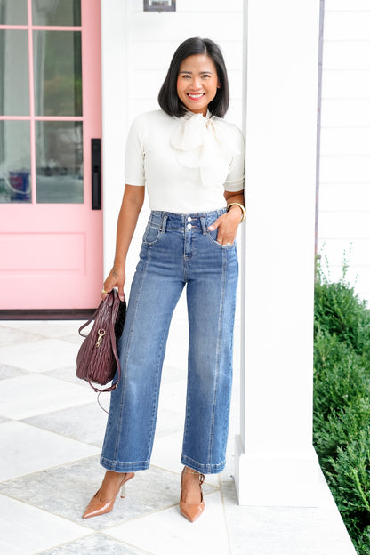 Risen The Statement Straight High Rise Medium Wash Ankle Wide Leg Jeans with Front Seam
