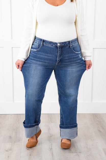 Risen Mid Rise Medium Wash Tummy Control Elastic Waistband Straight Leg Jeans