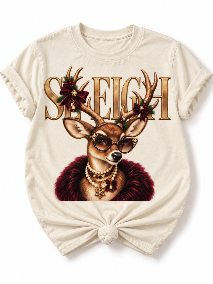 Plus/Reg Short Sleeve "Sleigh" Glam Reindeer Christmas Graphic Tee