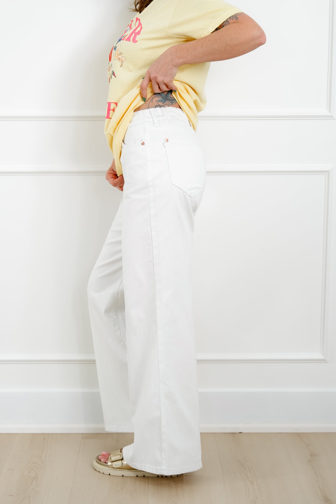 Judy Blue The Sunday Stroll High Rise Multiple Inseam White Featherweight Palazzo Jeans with Elastic Waistband