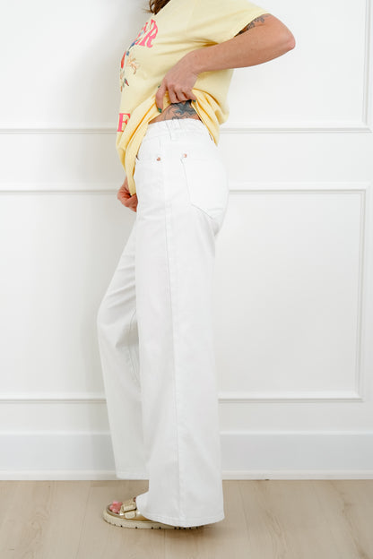 Judy Blue The Sunday Stroll High Rise Multiple Inseam White Featherweight Palazzo Jeans with Elastic Waistband