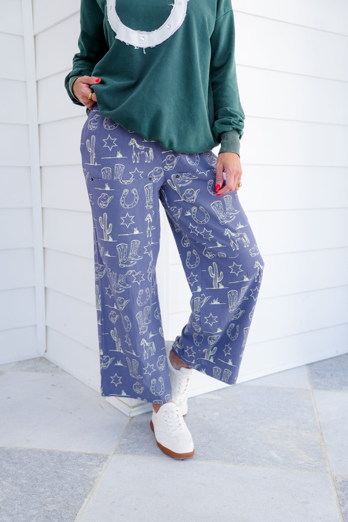 Western Print Pants with Patch Pockets