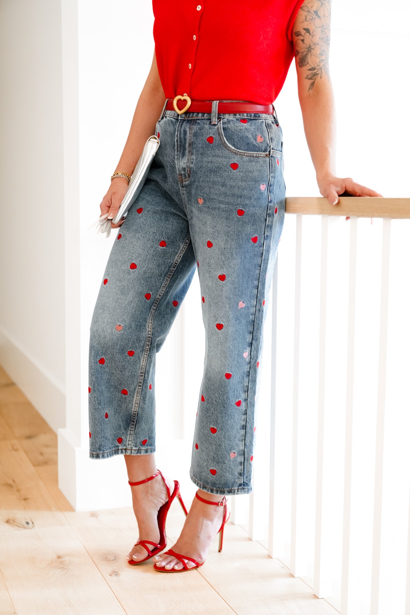 Medium Washed High Rise Embroidered Hearts Jeans