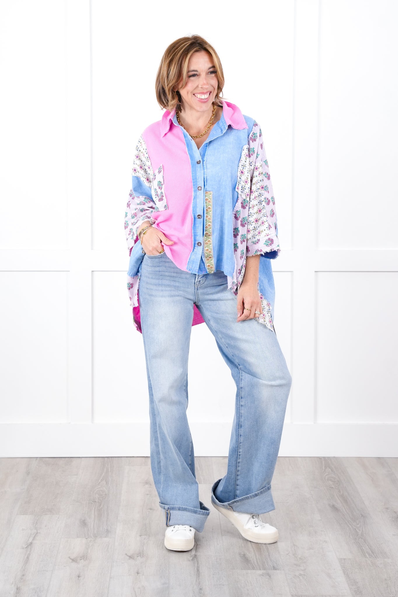 Oversized Multi Print Color Block Button Down Top