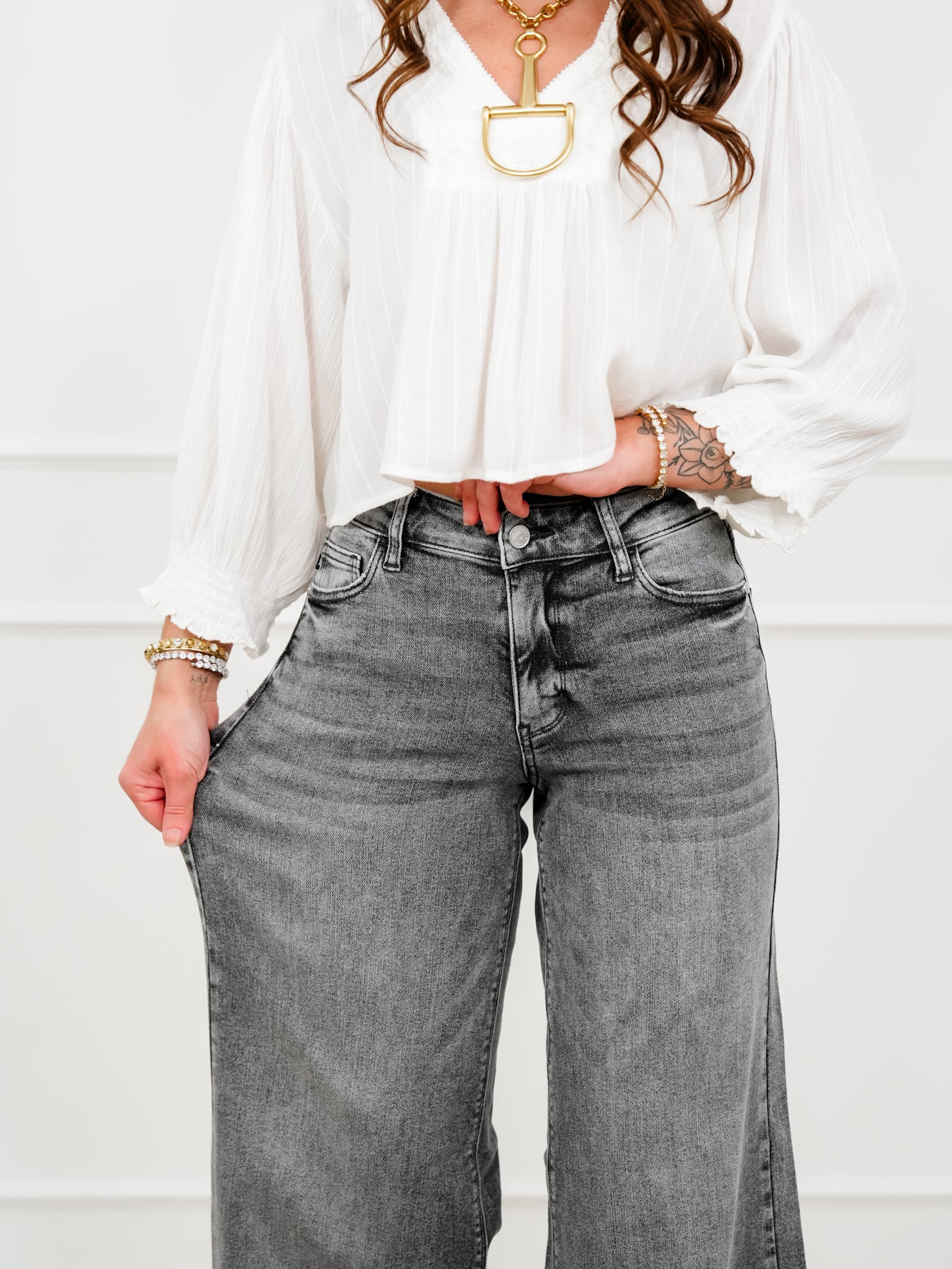 Judy Blue Stormy Days Mid Rise Gray Palazzo Jeans with Split Back