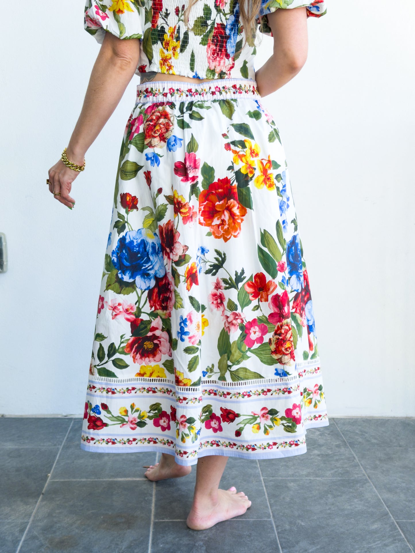 Floral Border Print Midi Skirt with Pockets