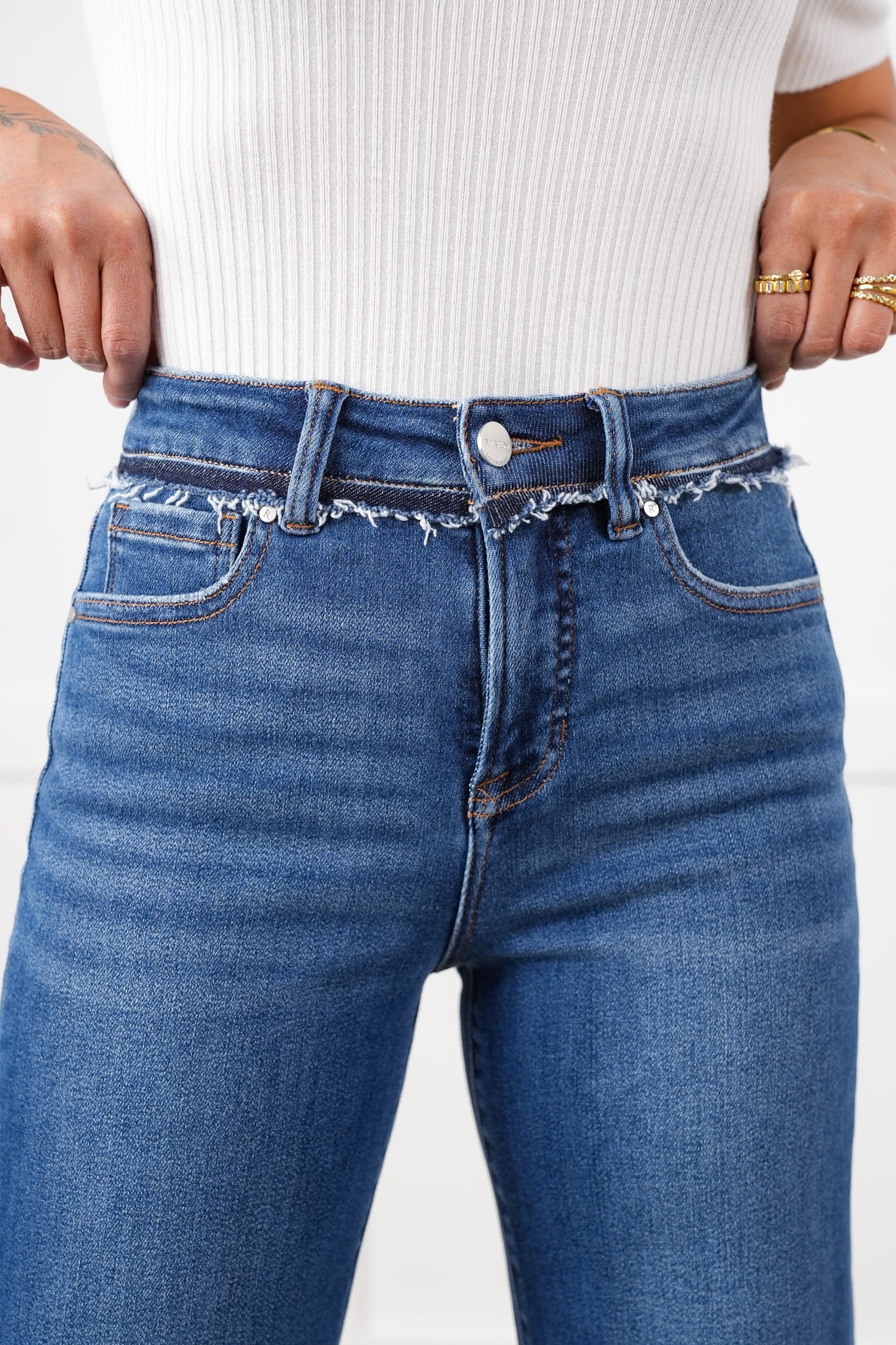 Risen High Rise Dark Wash Tummy Control Wide Leg Jeans with Released Hem