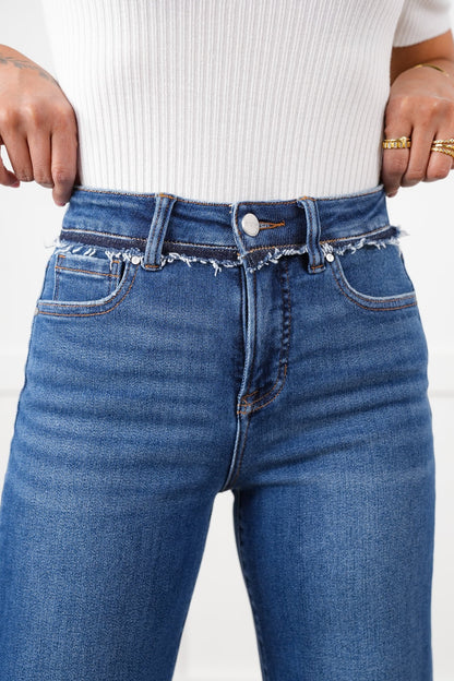 Risen High Rise Dark Wash Tummy Control Wide Leg Jeans with Released Hem